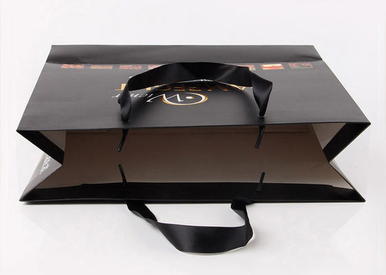 Black Matte Custom Paper Bags With Handles , Ribbon Handle Imprinted Paper Bags