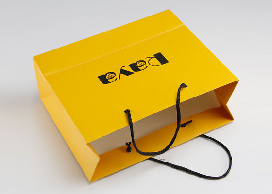 Yellow Matte Paper Shopping Bags Nylon Handle And Customized Logo Printed
