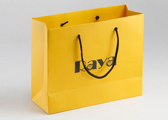 Yellow Matte Paper Shopping Bags Nylon Handle And Customized Logo Printed