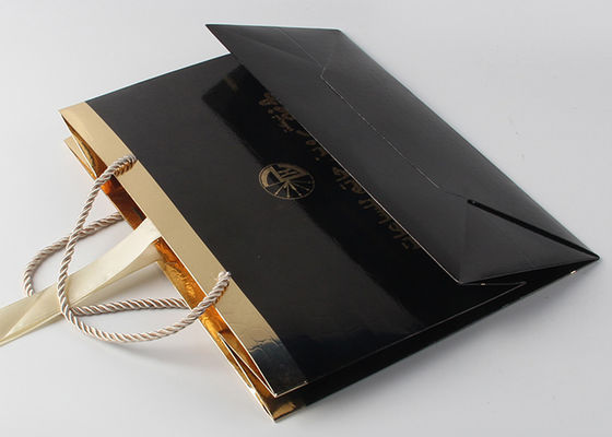 Luxury Glossy Black Gift Bags With Foil Hot Stamping And PP Rope Handle